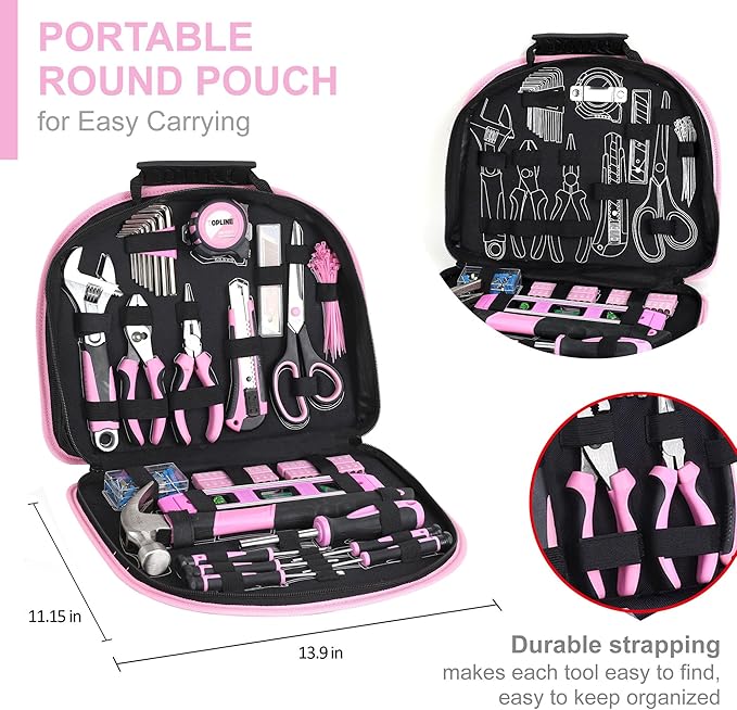 TOPLINE 208-Piece Pink Tool Kits for Women with Round Pouch, Small Tools Kit for Apartment, Home, Household Ladies Pink Tool Set for Best Gifts and Home Maintenance