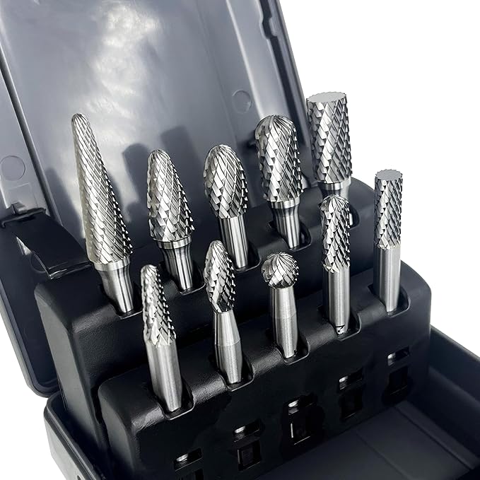 LU&MN Die Grinder Bits, Double Cut Solid Carbide Rotary Burrs Set with 1/4 Inch Shank for Metal Carving, Polishing, Engraving, and Drilling (10 Pcs-Set)