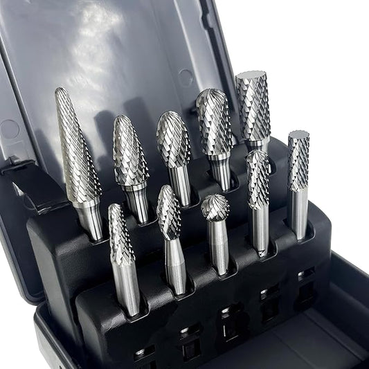 LU&MN Die Grinder Bits, Double Cut Solid Carbide Rotary Burrs Set with 1/4 Inch Shank for Metal Carving, Polishing, Engraving, and Drilling (10 Pcs-Set)