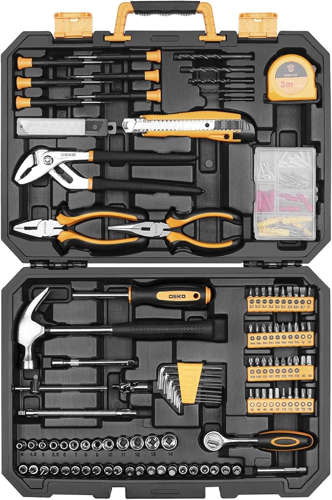 DEKO 196 Piece Tool Set General Household Hand Tool Kit with Rip Claw Hammer,Lineman's Plier, Measure Tape Rule & Plastic Toolbox Storage Case