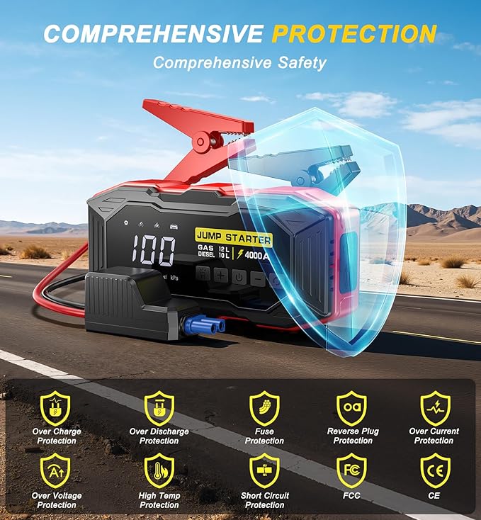 Jump Starter with Air Compressor, Portable Car Battery Jump Starter(12 Gas/10L Diesel), 4000A Peak 160PSI 12V Automobile Jump Box Pack Chargers with Jumper Cables, 4-Mode LED Lights, LCD Display