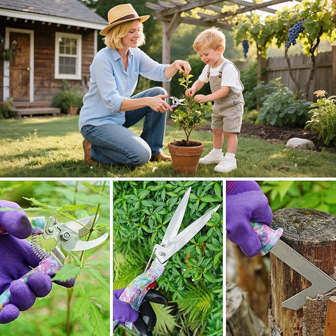 Garden Tool Set, 17-Piece Garden Tools with Floral Print, 304 Stainless Steel Garden Tools Set, Gardening Kit Gardening Gifts for Women, Purple