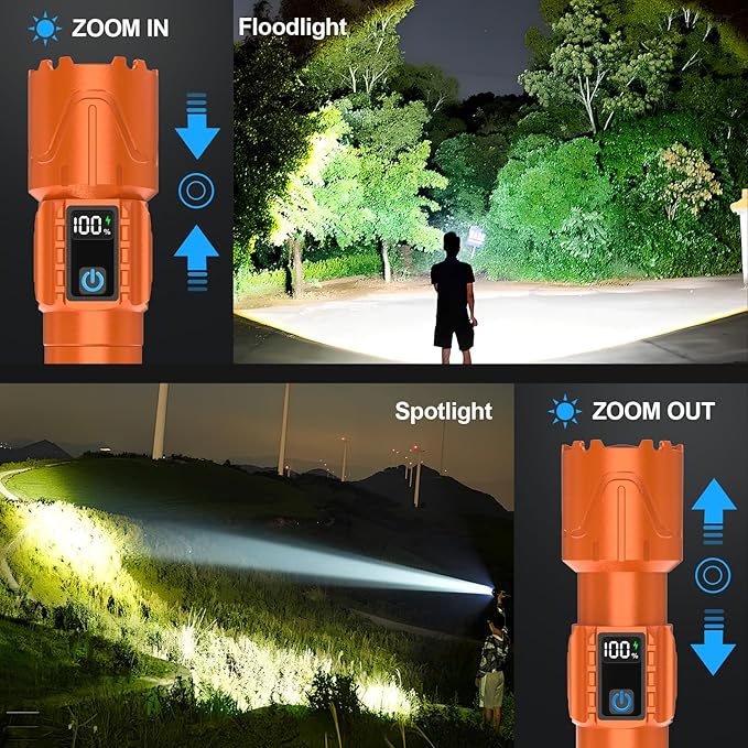 Rechargeable Flashlights High Lumens - Super Bright LED Tactical Flash Light, Powerful Waterproof Handheld USB C Flashlight for Camping,Emergencies,Home,5 Modes,Zoomable (1, Orange)