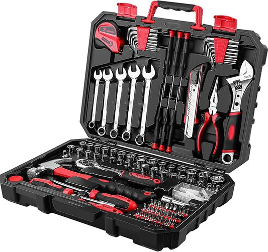 DEKOPRO Tool Set:158 Piece Home Tool Kit, Household Basic Repair Tool Set Comes with Plastic Storage Case-Red