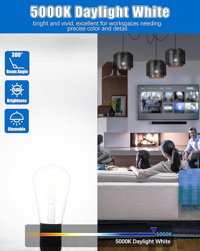 Mastery Mart 60 Pack Vintage LED Light Bulb 5000K Daylight White, Dimmable, 5.5W (60 Watt Equivalent), ST19/ ST58 Clear Glass Antique Edison Style, 500LM E26 Decorative Filament Bulb