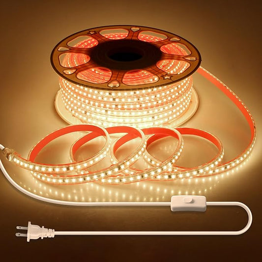 Outdoor LED Strip Lights Waterproof 100FT Self-Adhesive Warm White AC 110V-120V LED Rope Light with Switch Plug in SMD 2835 120LED/M Ultra Bright for Christmas Home Indoor Outdoor Decor IP67