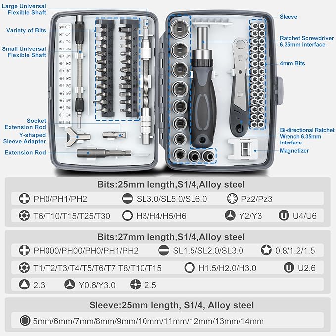 Ratchet Screwdriver Set, 68-in-1 Multi-Tool with 180° Rotatable Handle, High-Density CRV Steel Precision Bits, Magnetic Tip, Ergonomic Grip, for Computer, Bike, Car, Home Repairs (9902B)