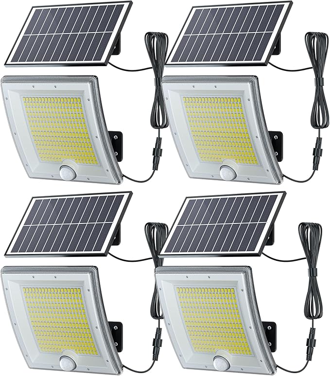 JACKYLED Solar Lights Outdoor Waterproof 80% Brighter Light, Motion Sensor Security Light with 16.4ft Cord, Dusk to Dawn Solar Powered Flood Lights for Patio, Yard, Garage, 4-Pack