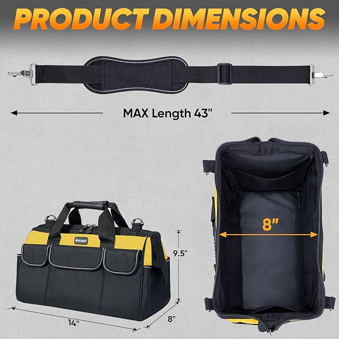 TICONN Heavy Duty Tool Bag with Multi-Pockets, Portable Tool Box Organizer Storage Bag, with Adjustable Shoulder Strap and Ergonomic Handle (Yellow, 14" Standard Base)