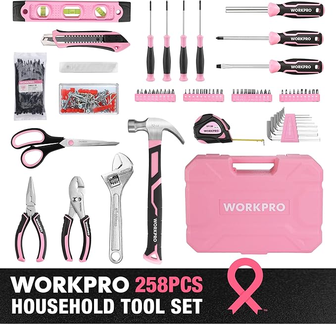 WORKPRO Pink Tool Set, 258 PCS Tool Kit for Women, Basic Household Tool Box with Hammer, Screwdriver Set, Portable Toolkit for Home Repair, New Apartment, House-Warming, DIY - Pink Ribbon