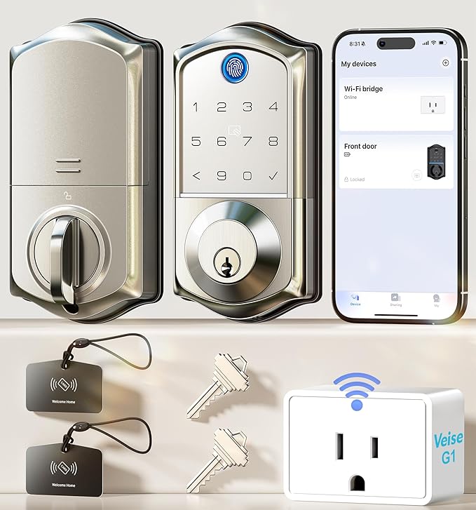 Veise VE017G Wi-Fi Keyless Entry Door Lock with Fingerprint, App Remote Control, Smart Locks for Front Door, Electronic Keypad Deadbolt, Auto Locking, Waterproof, Easy to Install, Satin Nickel