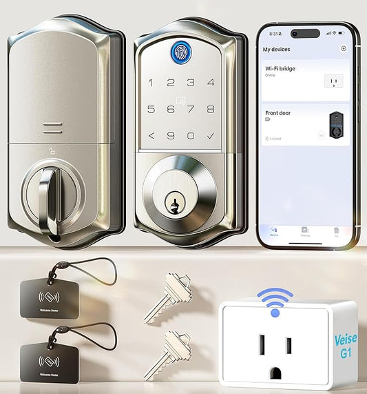 Veise VE017G Wi-Fi Keyless Entry Door Lock with Fingerprint, App Remote Control, Smart Locks for Front Door, Electronic Keypad Deadbolt, Auto Locking, Waterproof, Easy to Install, Satin Nickel