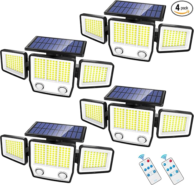 Solar Motion Sensor Outdoor Lights - 3000LM Dual PIR Motion Detector with Remote, 3 Lighting Modes, 270° Illumination, IP65 Waterproof Security Flood Lights for Yard, Garage, Patio(4 Packs)