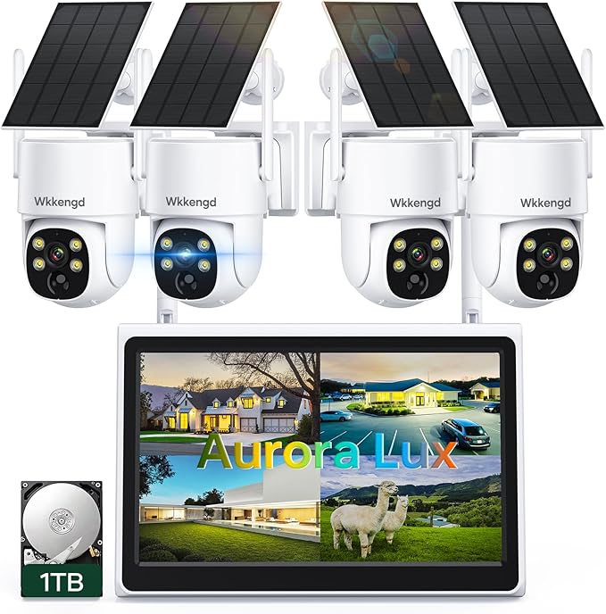 Solar Security Wireless Camera System with 10" Monitor, 2K F1.0 Super Aperture PTZ Battery Powered Cameras for Home Security, Pre-Installed 1TB HDD, Aurora Lux True Full Color Night Vison