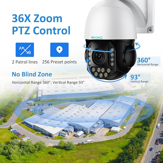 SV3C 36X Zoom PTZ POE Camera Outdoor, Auto Tracking 4K ONVIF IP Wired Camera, Person Vehicle Motion Detection, Floodlight Color Night Vision, Two Way Audio, Camhipro, Preset, BlueIris, 24/7 Recording