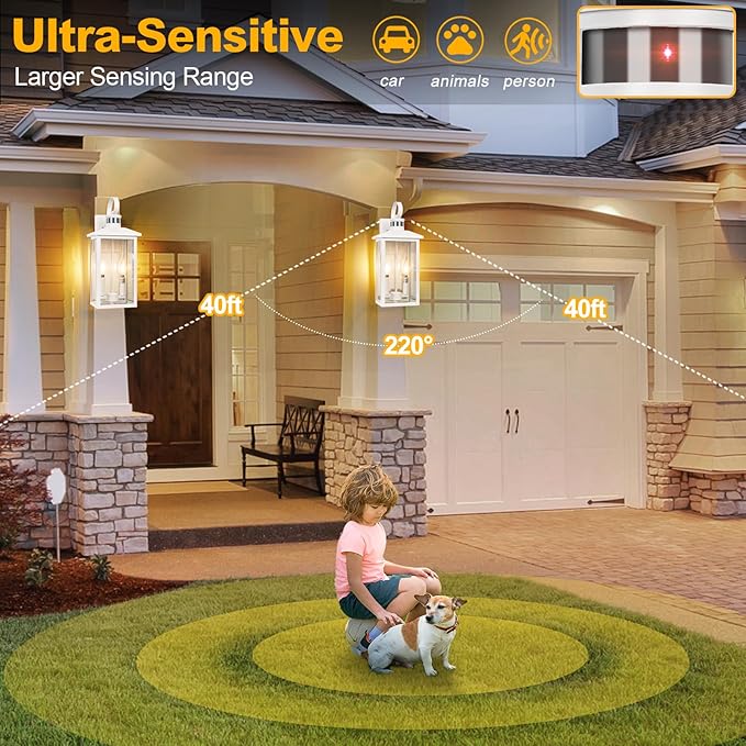 White Motion Sensor Light Outdoor, 18" ETL Listed Outdoor Lights with Sensor Detection, 2-Light Aluminum White Exterior Light Fixture with E12 Socket, Outside House Lights Wall Mount