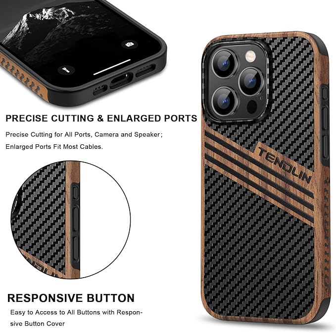 TENDLIN Compatible with iPhone 15 Pro Case Wood Grain with Carbon Fiber Texture Design Leather Hybrid Slim Case (Three Stripe)