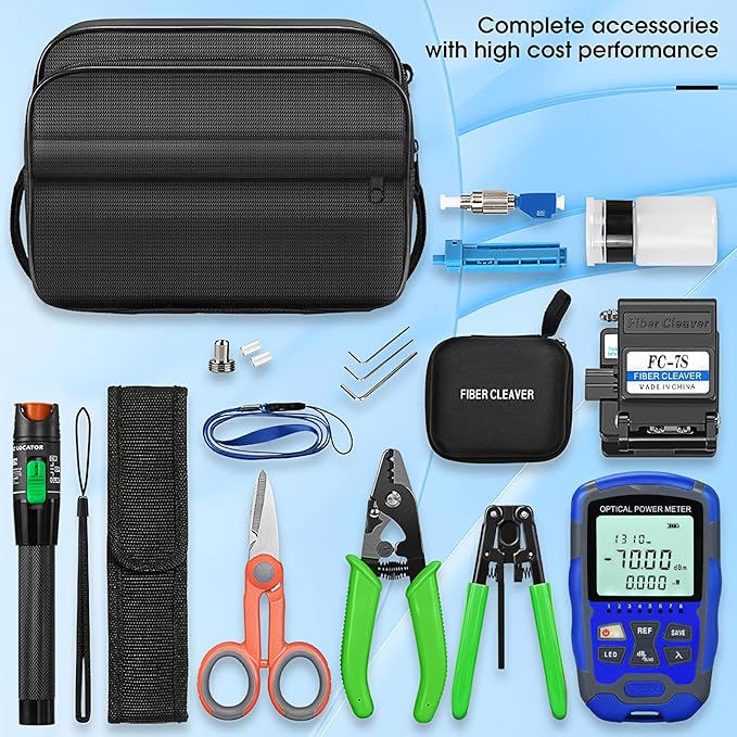 Fiber optic tool kit 10 in 1 FTTH tool set cold joint Fiber optic Termination tool Kit with 7S Optical Fiber Cleaver M7 Optical power meter -70~+10dbm 30KM visual fault locator VFL(BSL）