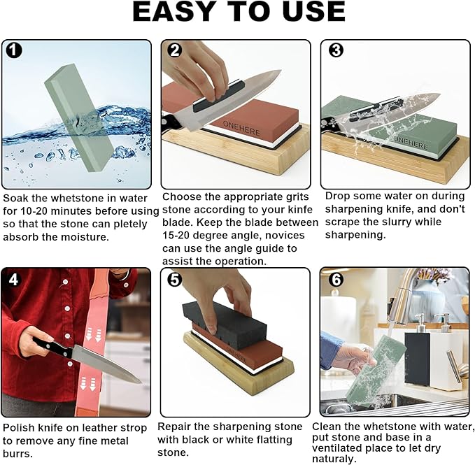 Knife Sharpening Stone Set, ONEHERE 4 Side Grit 400/1000 3000/8000 Whetstone Sharpener Kit with Non-Slip Bamboo Base, Leather Strop, Cut Resistant Gloves, Flattening Stone & Angle Guide (Large Set)