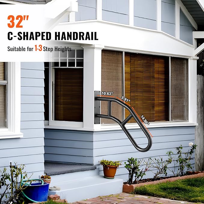 VEVOR Handrails for Outdoor Steps, 32" Length Wall Mount Safety Railings for 1-3 Steps, U-Shaped Handrail with Matte Black Finished, Stair Handrails for Kids, Elderly, Pregnant Women, Disabled