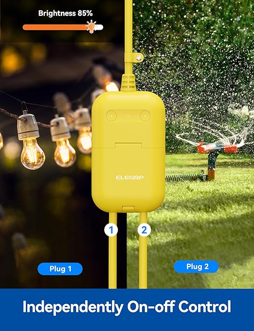 ELEGRP Outdoor Smart Dimmer Plug Waterproof IP66, Smart WiFi Plug with 2 Individually Sockets, Compatible with Alexa & Google Assistant, Outdoor Dimmer for String Lights, UL Listed, 2 Pack, Yellow