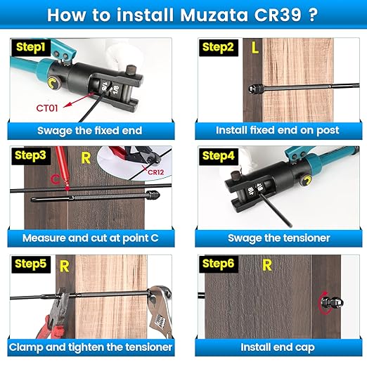 Muzata 60 Pack 1/8" Black Cable Railing Hardware Kit Hand Swage Threaded Stud Tensioner for 4x4 2x2 Wood Metal Post T316 Stainless Steel Deck Cable Railing System CR39