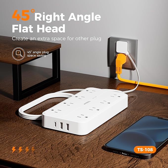 Power Strip with Surge Protection, TESSAN Flat Plug Extension Cord with 8 Outlets 3 USB Ports(1 USB C), 1080 Joules, 6 Ft, Wall-Mounted Charging Station for Apartment Office Dorm Room Essentials