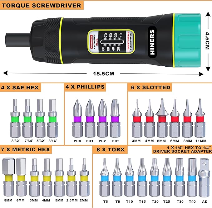 31 Piece Torque Screwdriver Wrench Driver Set 1/4" 10-80 Inch Pounds lbs with 30pcs S2 Bits for Maintenance, Tools, Bike Repairing and Mounting