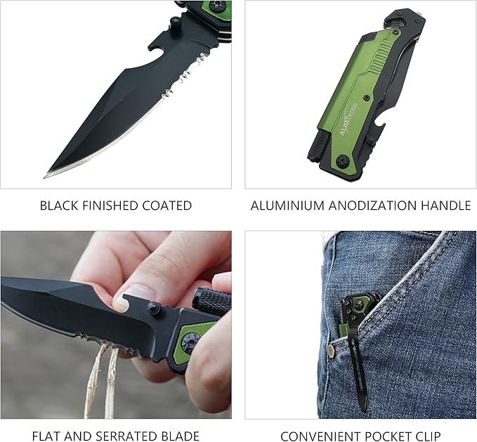 ALBATROSS Professional 6-in-1 Tactical Folding Knife - Survival Multi-Tool with LED Flashlight, Glass Breaker, Fire Starter, Seatbelt cutter - EDC Pocket Knife for Camping, Hunting & Emergency (Green)