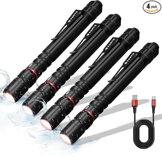 FORTO Rechargeable Pen Light Flashlight, 400 Lumens Small Pocket Flashlight with Clip, IP67 Waterproof, 2 Light Modes, 3-Color Battery Indicator, Type-C Charging, for Inspection,Emergency（4 Pack）