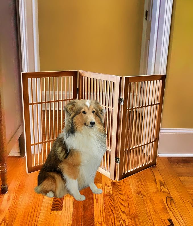 Pet Dog Gate Strong and Durable Freestanding Folding Acacia Hardwood Portable Wooden Fence Indoors or Outdoors by Urnporium (Brown Pet Gate, 3 Panel 30" Tall)
