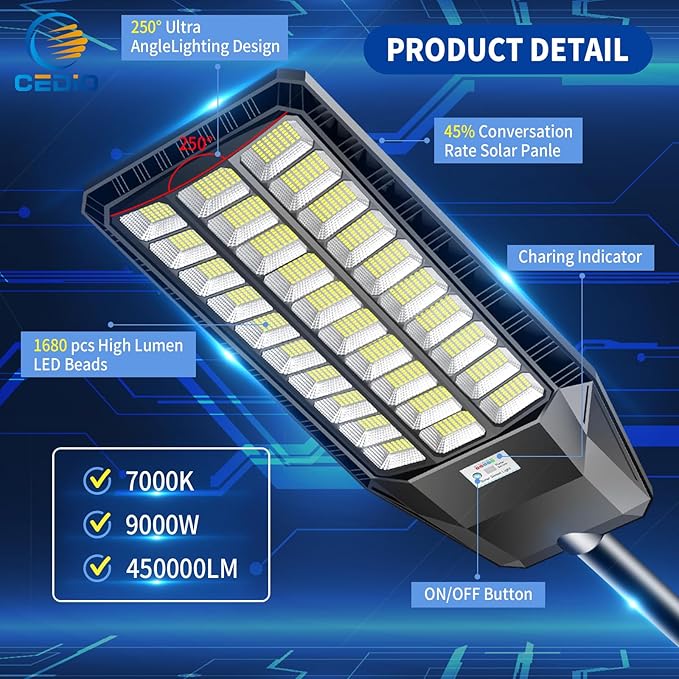 CEDIO Solar Street Lights Outdoor, 9800W Solar Lights Outdoor, 450000 Lumens LED Street Light Waterproof IP67 Dusk to Dawn,LED Flood Light with Motion Sensor (9800w-2PC)