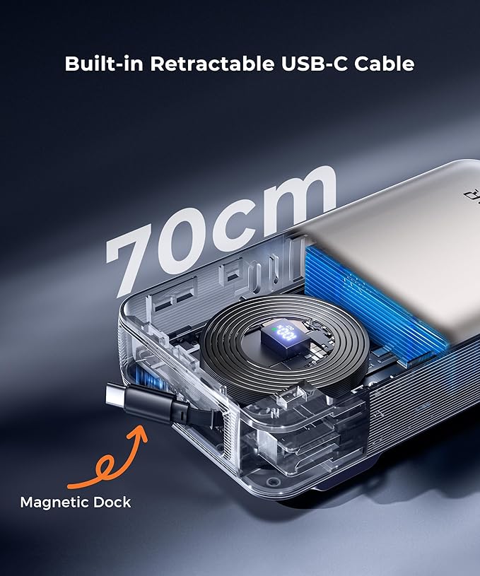 Portable Charger Power Bank - Battery Pack 35W AC Plug GaN 10000mAh Built in Cable USB C Phone Fast Charging Powerbank Compatible with iPhone 16 15 14 13 12 11 X iPad MacBook Samsung (Gold)