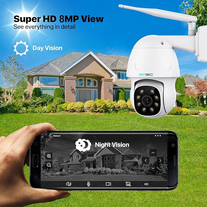SV3C 4K Security IP Camera Outdoor, 8MP PTZ Pan Tilt Dual Band 2.4G 5G WiFi Cameras with Auto Track, Floodlight Color Night Vision, Human Detect, Onvif, RTSP Browser, 2-Way Audio, FTP, SD Card Record