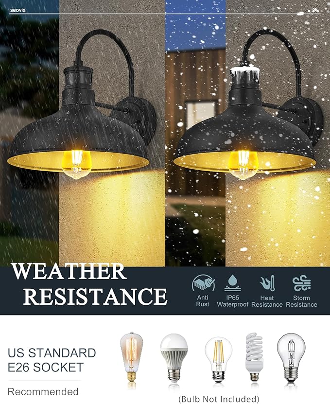 2 Pack 12" Motion Sensor Barn Lights, Outdoor Wall Lights with Dusk to Dawn Feature, IP65 Waterproof Farmhouse Gooseneck Light for House, Patio, Garage，HSMD2215-2