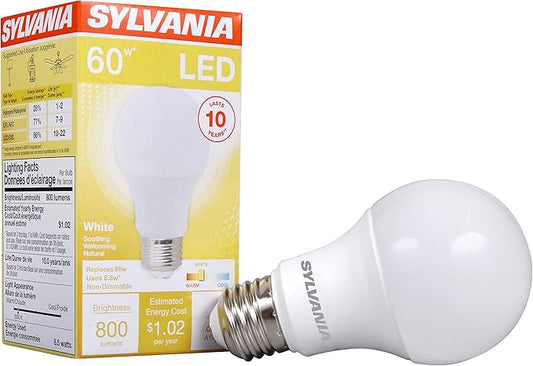 LEDVANCE SYLVANIA A19 LED Light Bulb, 8.5W, 60W Equivalent, 10 Year, Non-Dimmale, 800 Lumens, 3000K, White - 1 Pack (74733)