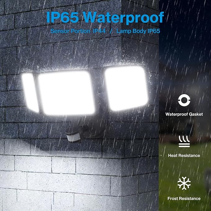 150W LED Security Lights Motion Sensor Light Outdoor, 15000LM Flood Lights Motion Detection IP66 Waterproof, 3 Head Adjustable Security Light Motion Outdoor for Yard Garage Porch