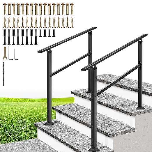 VIVOHOME 2-Pack 3 Step Hand Rails for Outdoor Steps, Galvanized Steel Railing, Black Oval Exterior Hand Railing for Porch, Deck, or Indoor Stairs, Railing Kit