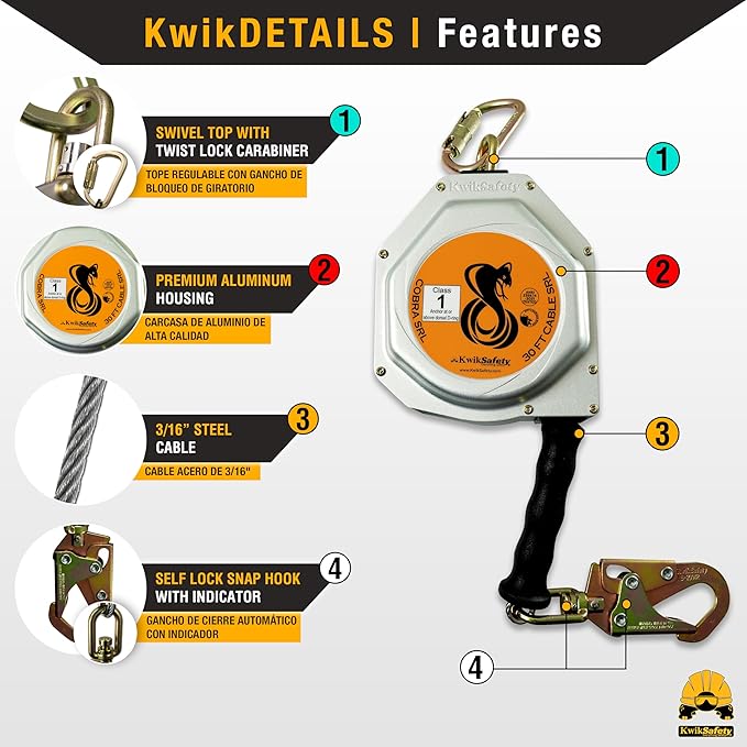 KwikSafety - Charlotte, NC - Cobra 30' KIT [Cable Self Retracting Lifeline + 3FT Cross Arm Strap + Roof Anchor] ANSI OSHA Class 1 Retractable Cable SRL Fall Arrest Construction Roofing PPE