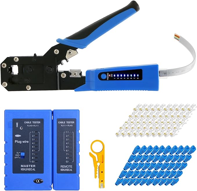 RJ45 Crimp Tool Kit All-in-One Ethernet Crimper Cat6 Cat5 Cat5e Crimping Tool with Network Cable Tester, 50-Pack Cat5e RJ45 Connector, 50-Pack Connector Boots