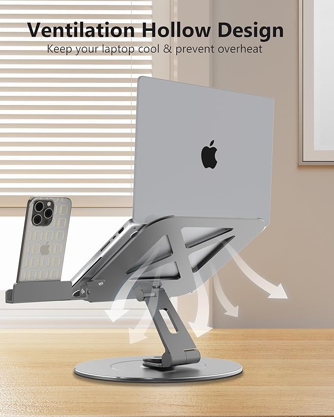 Ultra-Stable Aluminumy Swivel Laptop Stand for Desk with Rotating Foldable Phone Holder, 300% Large Base Stability, Anti-Loosening,Suitable for 10"-17.3" Laptops,Gray