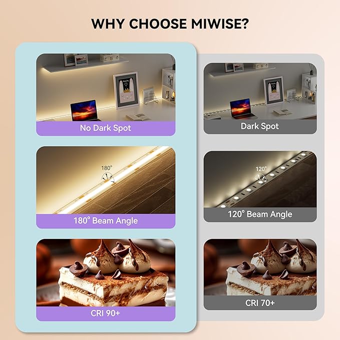 MIWISE COB LED Strip,3000K Warm White 32.8ft/10m,Dimmable Super Bright 24V LED Strip Light,CRI 90+ Flexible Tape Light with RF Remote Timer Function,for Home/Cabinet/Bedroom/TV DIY Lighting Project