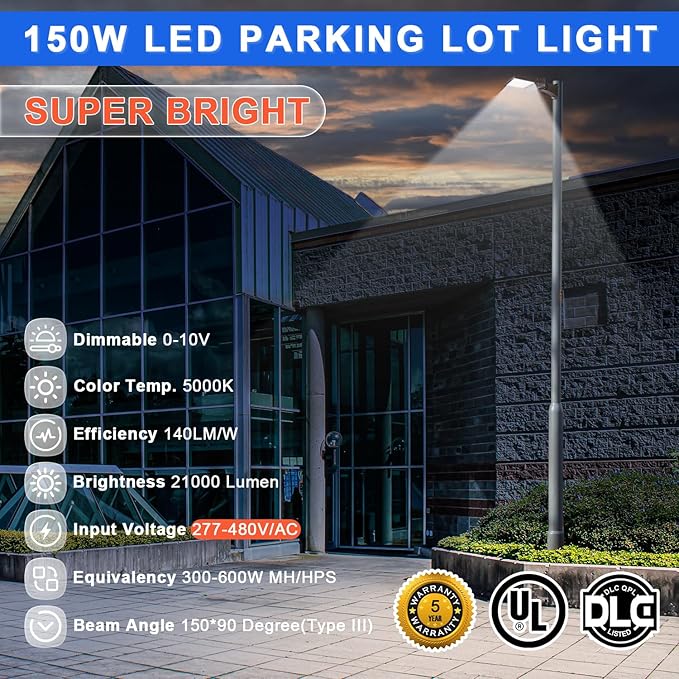 480V 150W LED Parking Lot Light, 21000LM(140lm/w) LED Shoebox Area Light(600W HID/HPS Equiv.), 5000K Dimmable Outdoor Commercial Street Lighting -10KV Surge Protection IP65 277-480V UL DLC Listed