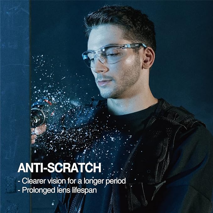 DEX FIT Safety Glasses SG210, Z87 Eye Protection, 3X Anti-Fog & Scratch Resistant, Adjustable for Women and Men, UV Protection (Black & Blue Frame, Clear Lens)