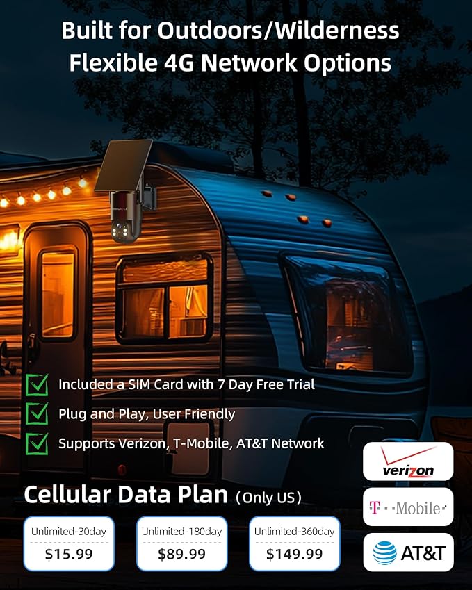 4G LTE Cellular Solar Security Camera Wireless Outdoor, No WiFi Solar Powered Outdoor, 2.5K Color Night Vision, AI Motion Detection, 360° PTZ Live View, 2 Way Talk, Built in SIM Card (2 Pack)