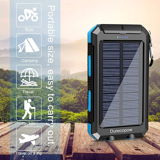 Solar Charger Power Bank, 20000mAh Portable Outdoor Waterproof Solar Battery Charger, Camping External Backup Battery Pack USB C Ports Input/Output, 2 Led Light Flashlight with Compass (Blue)