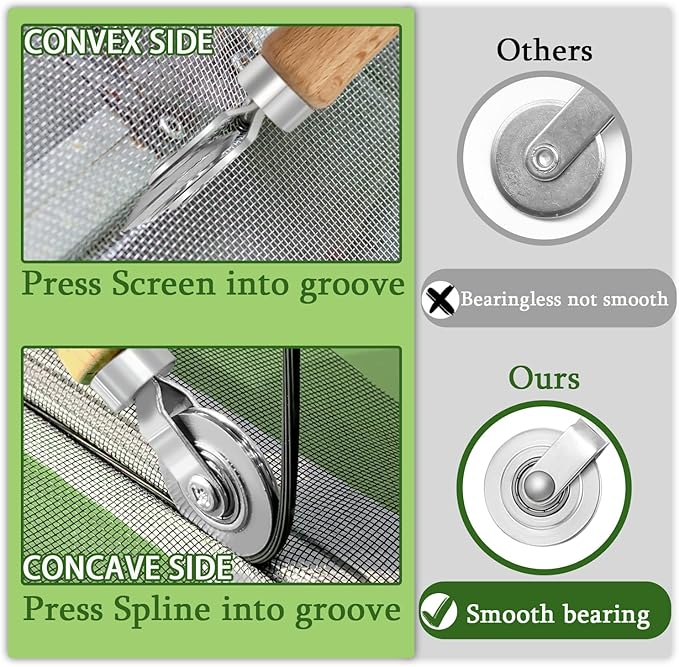 Screen Repair Kit/Tool, King&Charles Screen Roller Tool, Steel Roller with Bear, 32 ft Spline, Removal Hook, 3 in 1 Window Repair Kit, for Installing Door Window Mesh.