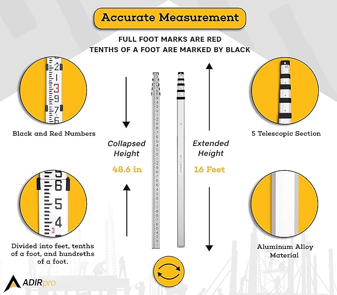 AdirPro 16-Foot Aluminum Grade Rod - 10ths, Dual Sided 5-Section Telescopic Leveling Rod – Bubble Level and Soft Carrying Case Included