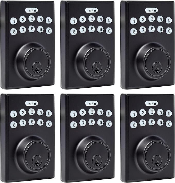 Amazon Basics Electronic Keypad Deadbolt Door Lock with Touch-Control Keyless Entry, Keyed Entry Option, Contemporary, Matte Black, 6-Pack