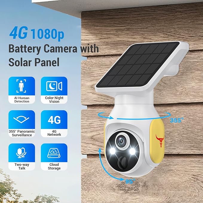 1080p Security Camera Wireless with Solar Panel, Smart AI Human Detection, 2-Way Audio, Color Night Vision, Built-in 4G SIM, Cloud Storage, Indoor/Outdoor Surveillance Bullet Cam (4G)